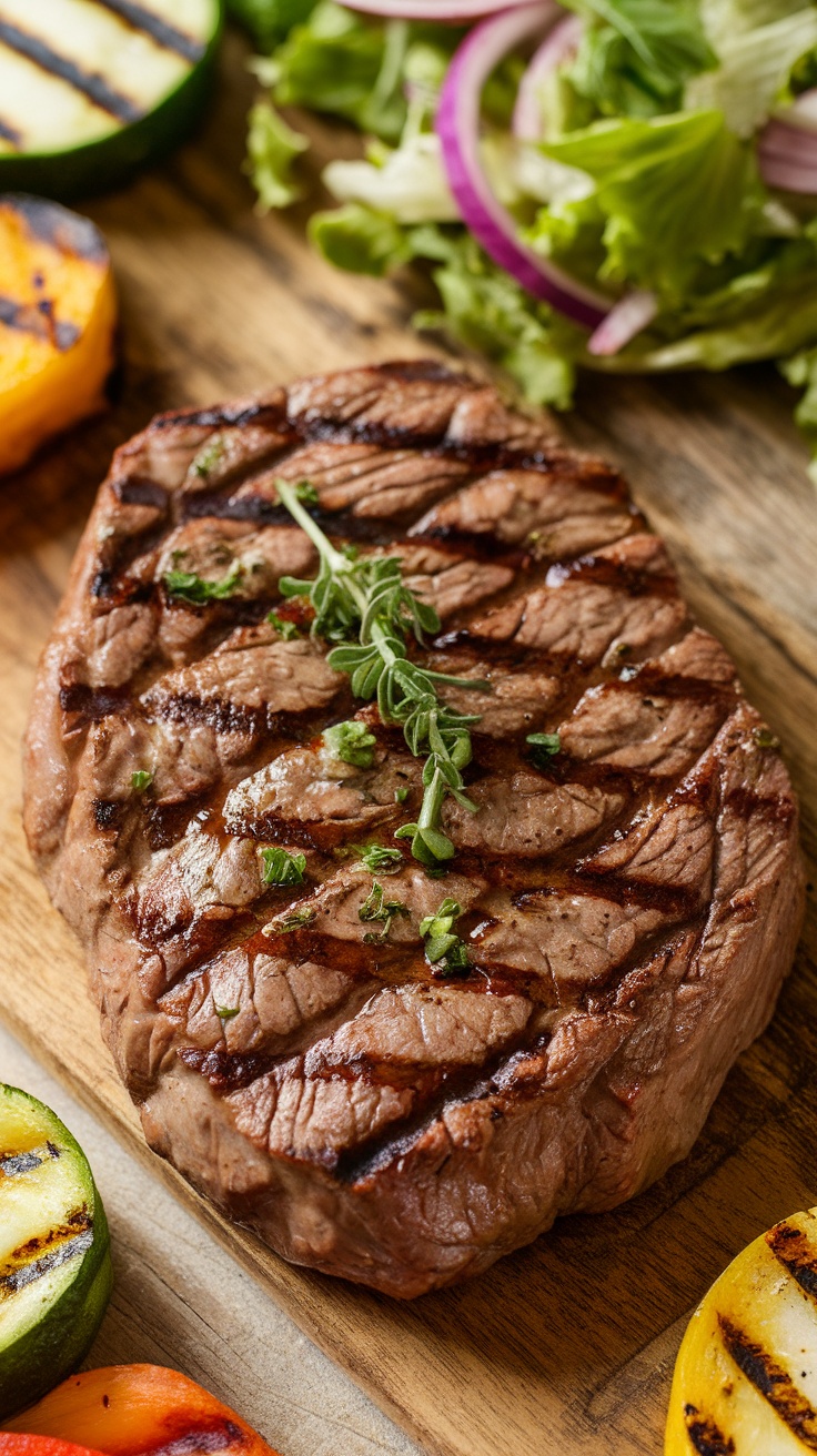 Grilled flat iron steak with grill marks, garnished with herbs, served with colorful sides on a wooden board.